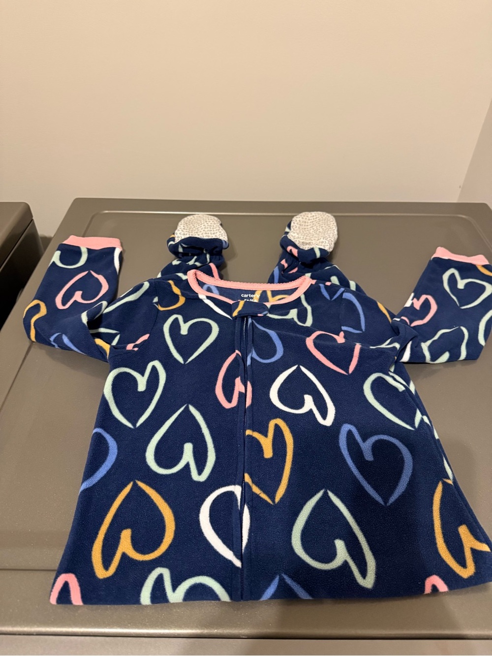 Carter's Navy Fleece Heart-Print One-Piece with Mitts